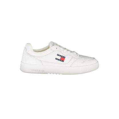 Tommy Hilfiger White Leather Mens Sneaker with signature logo and sporty design, crafted for style and comfort.