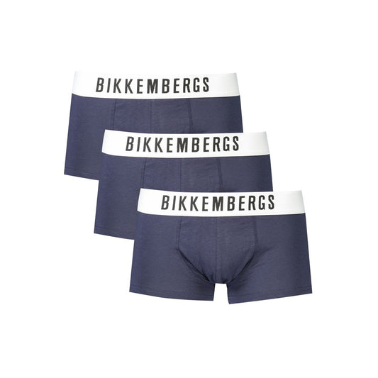 Bikkembergs Blue Cotton Underwear tri-pack with elastic waistband, logo print on waistband, elegant boxer design.