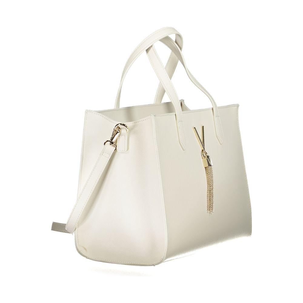 Mario Valentino White Polyethylene Handbag with handles and shoulder strap, contrasting details, zip closure, and logo accents.