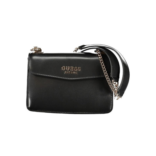 Guess Jeans Black Polyethylene Handbag with chain shoulder handles, snap closure, and logo detail