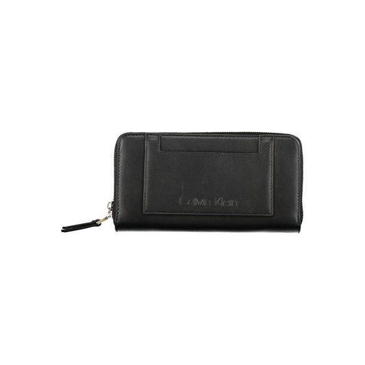 Calvin Klein Black Polyester Wallet with zip closure, 5 compartments, coin purse, card slots, external pocket, and logo detailing.