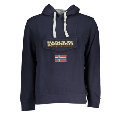 Napapijri Blue Cotton Men Sweater with logo and contrast details, featuring a cozy hood and central pocket for casual style and comfort.