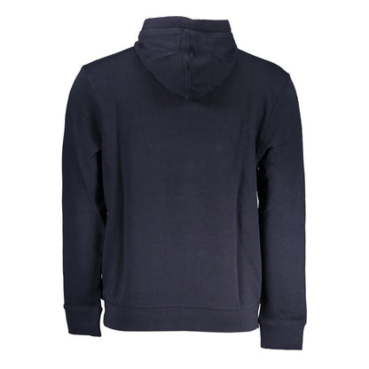 Back view of Napapijri Blue Cotton Men Sweater with hood, featuring soft brushed cotton for comfort and style.
