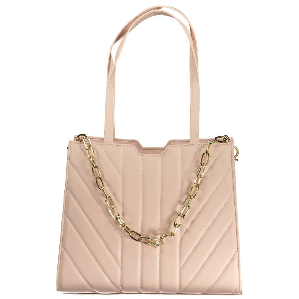 Mario Valentino Pink Polyethylene Handbag with shoulder handles and removable chain, featuring compartments and logo details.