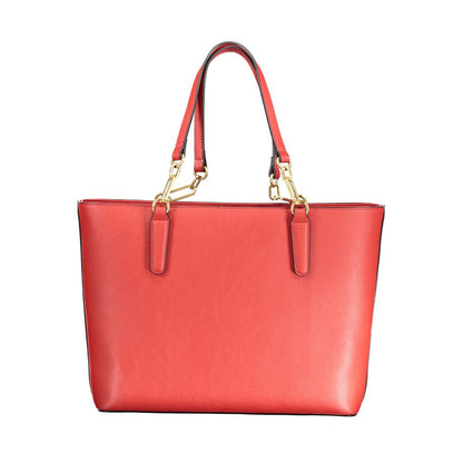 Mario Valentino Red Polyethylene Handbag with dual handles, adjustable strap, internal pockets, zip closure, and logo detail