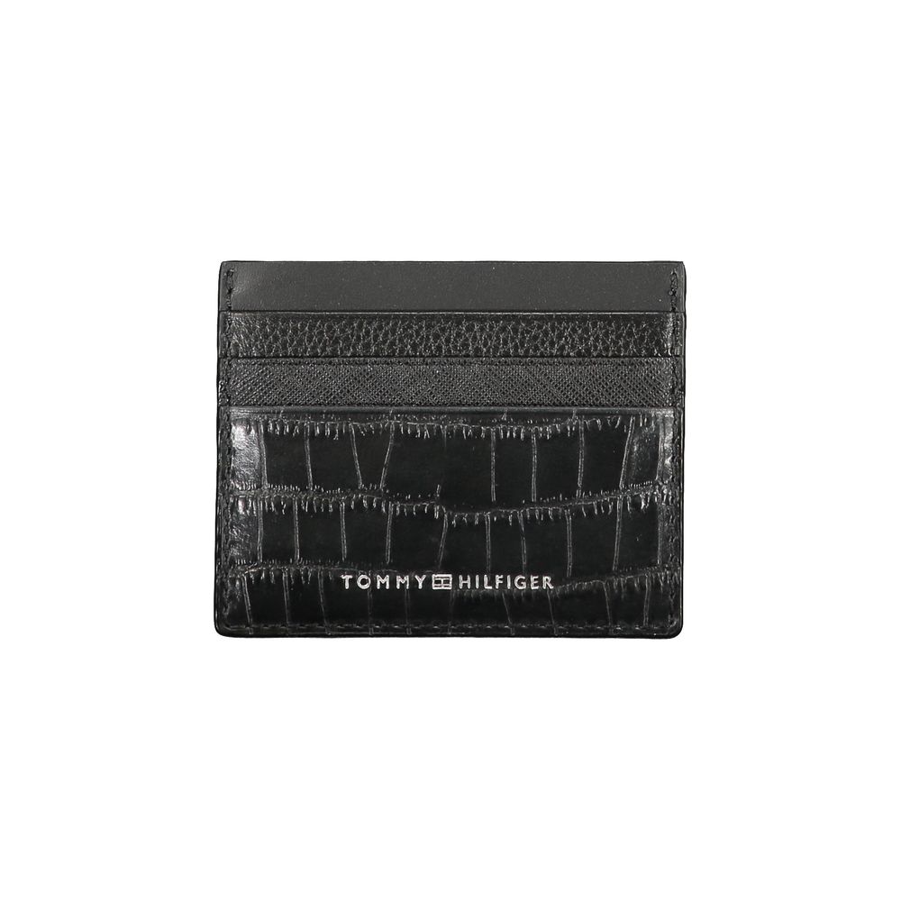 Tommy Hilfiger Black Leather Wallet with contrast details and logo, sleek card holder.