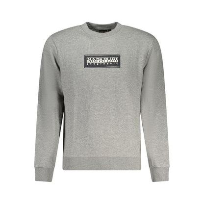 Napapijri Gray Cotton Men Sweater with logo on front, crew neck, long sleeves, perfect for contemporary street style and comfort.