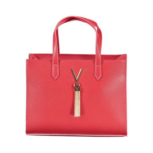 Mario Valentino Red Polyethylene Handbag with handles and strap, featuring pockets, contrasting details, zip closure, and logo.