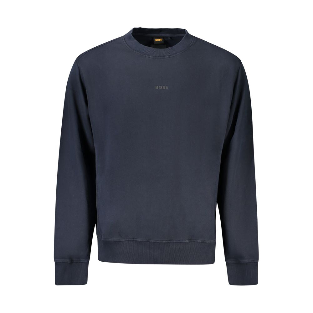 Hugo Boss Blue Cotton Men Sweater, long-sleeve sweatshirt with brushed interior, classic crew neck, bold logo print, luxury fashion