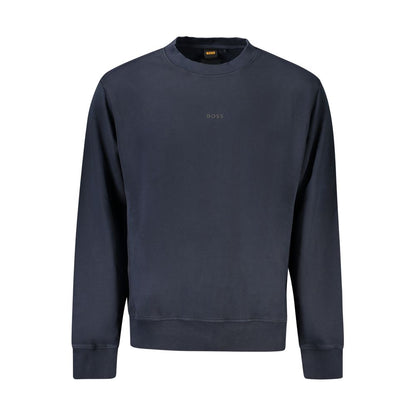 Hugo Boss Blue Cotton Men Sweater, long-sleeve sweatshirt with brushed interior, classic crew neck, bold logo print, luxury fashion