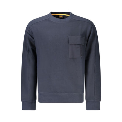 Hugo Boss Blue Cotton Men Sweater with long sleeves, brushed crew neck, contrasting details, and premium organic cotton fabric.