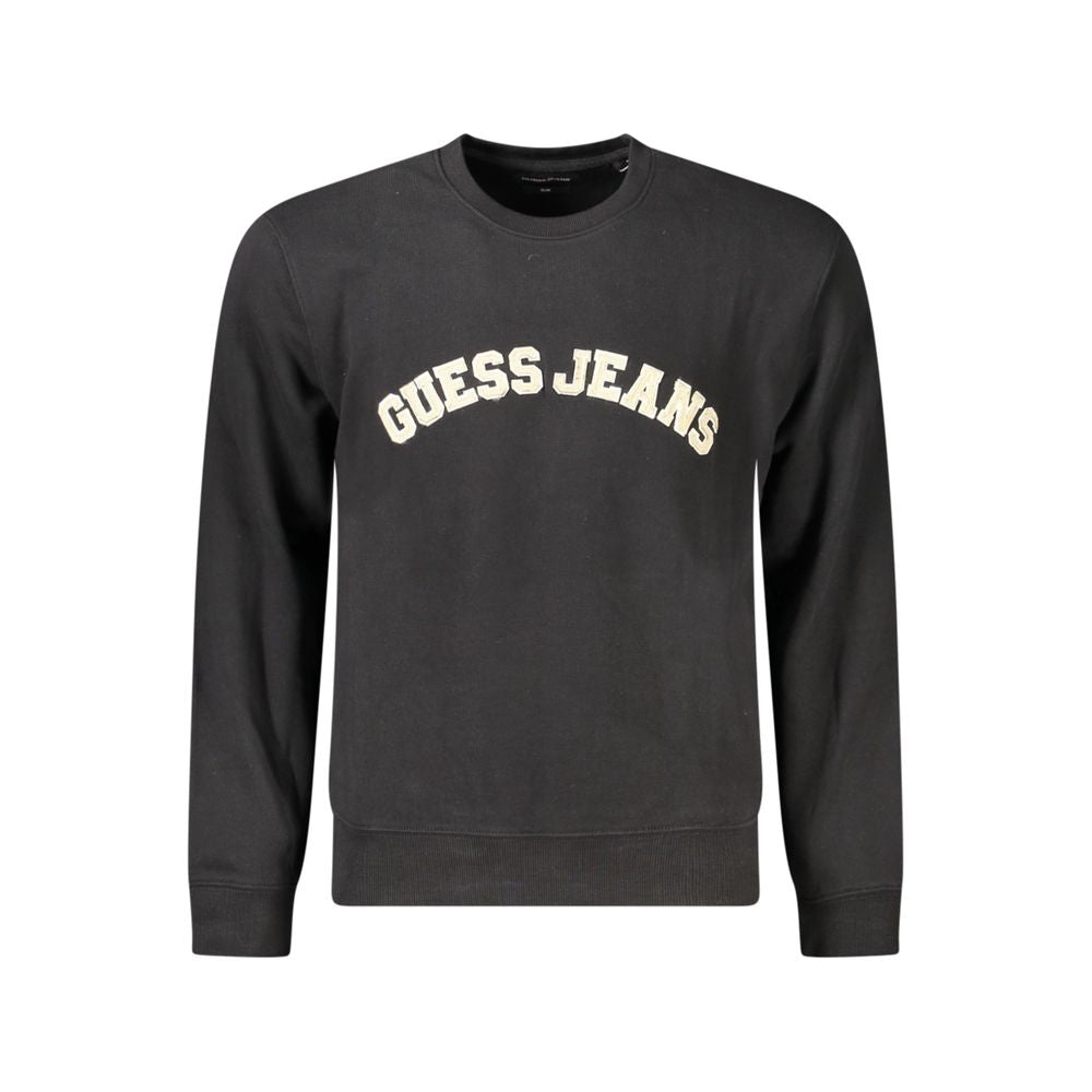 Guess Jeans Black Cotton Men Sweater with logo, slim fit, crew neck, cozy brushed texture, perfect for bold style statements.