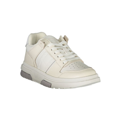 Tommy Hilfiger White Polyester Sneaker featuring sports footwear design with laces, contrast details, and logo.