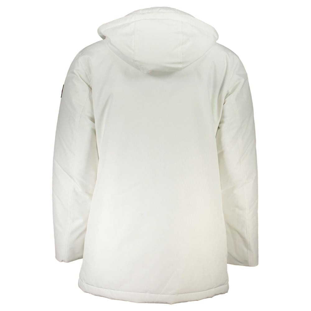 Back view of Hugo Boss White Polyamide Men's Jacket with removable hood and versatile design