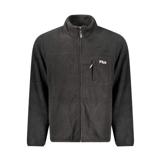 Fila Black Polyester Men Jacket with fleece fabric and iconic embroidery logo, featuring long sleeves and trio of urban-friendly pockets.