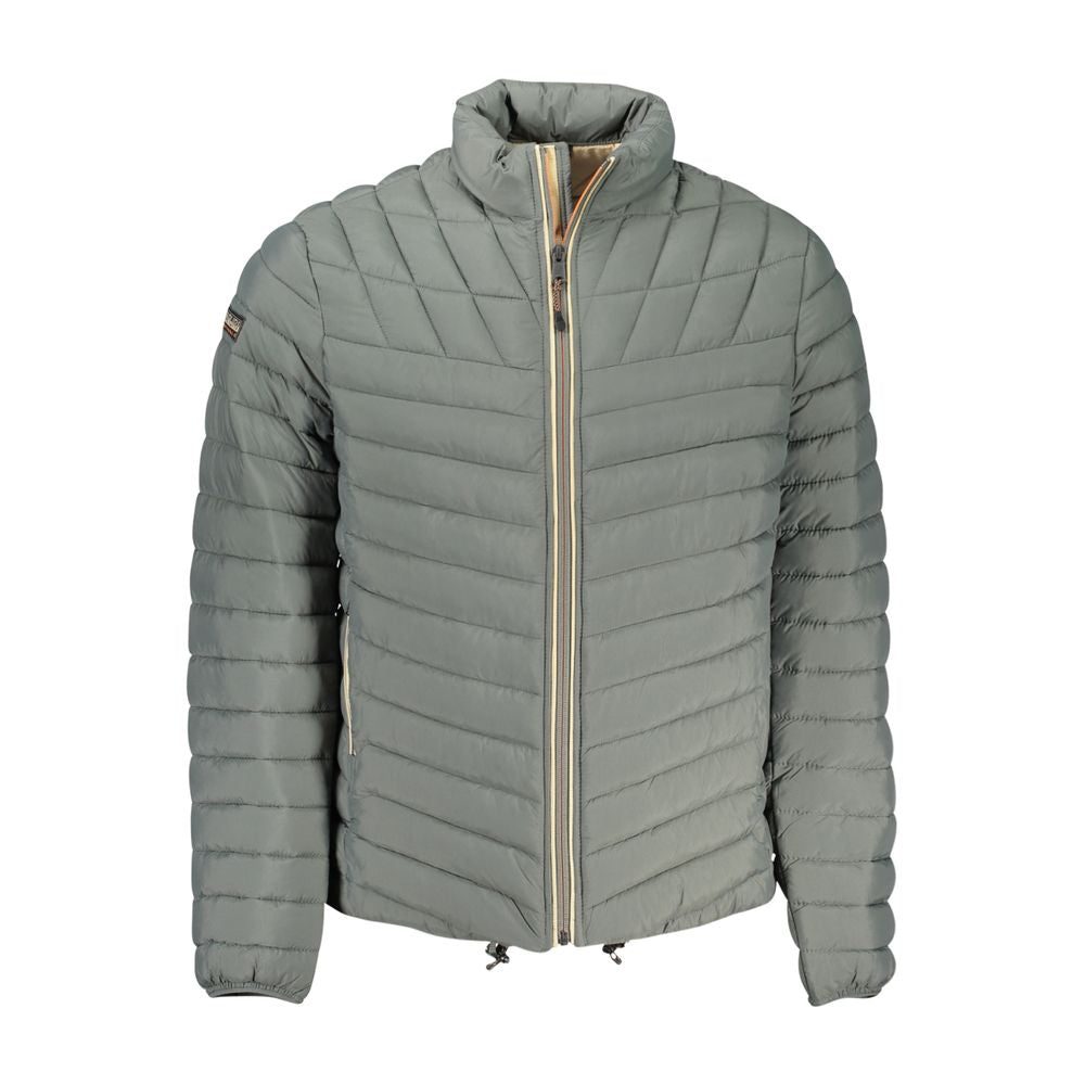 Napapijri Green Polyamide Men Jacket with quilted design and pronounced logo, featuring external and internal pockets for convenience.