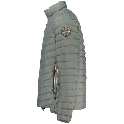 Napapijri Green Polyamide Men Jacket with logo on sleeve, featuring side pockets and quilted design for stylish outerwear.