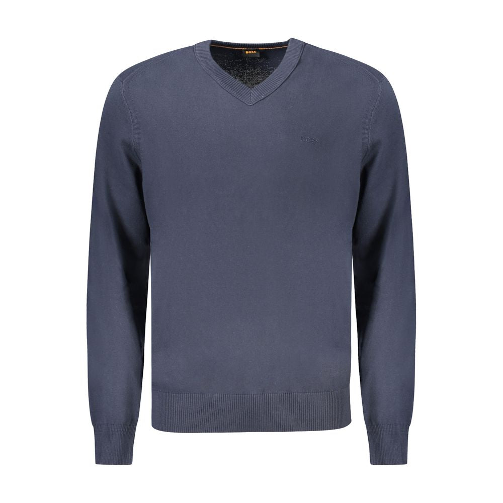 Hugo Boss Blue Cotton Sweater - Long Sleeved V-Neck with Logo Embroidery