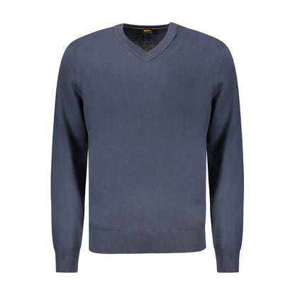 Hugo Boss Blue Cotton Sweater - Long Sleeved V-Neck with Logo Embroidery