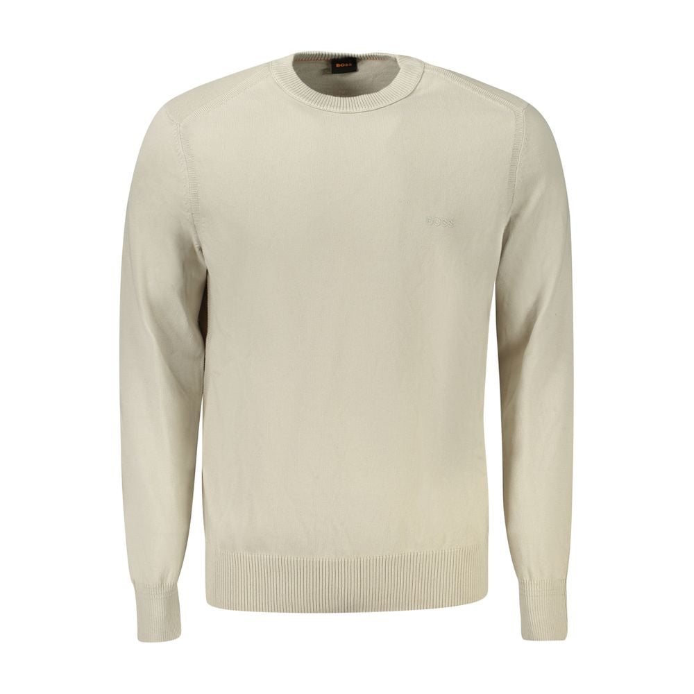 Hugo Boss Beige Cotton Sweater - Long Sleeved Crew Neck with Embroidery Logo