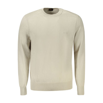 Hugo Boss Beige Cotton Sweater - Long Sleeved Crew Neck with Embroidery Logo