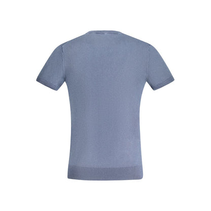 Guess Jeans Blue Cotton Sweater with short sleeves, crew neck, and logo embroidery.