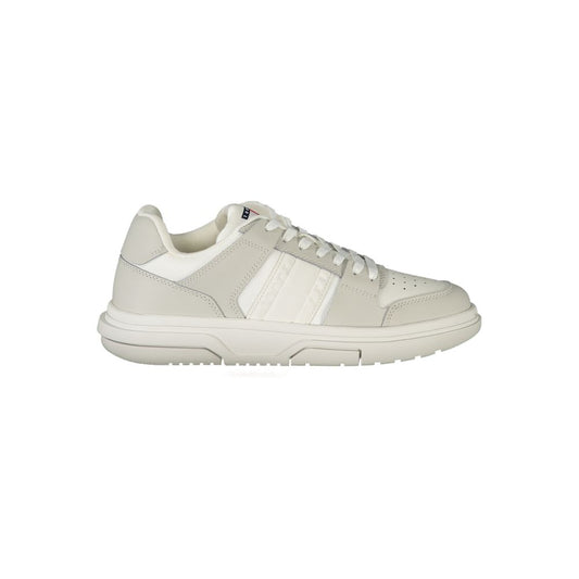 Tommy Hilfiger White Polyester Sneaker with grey contrast, laces, removable footbed, print, and logo detail.