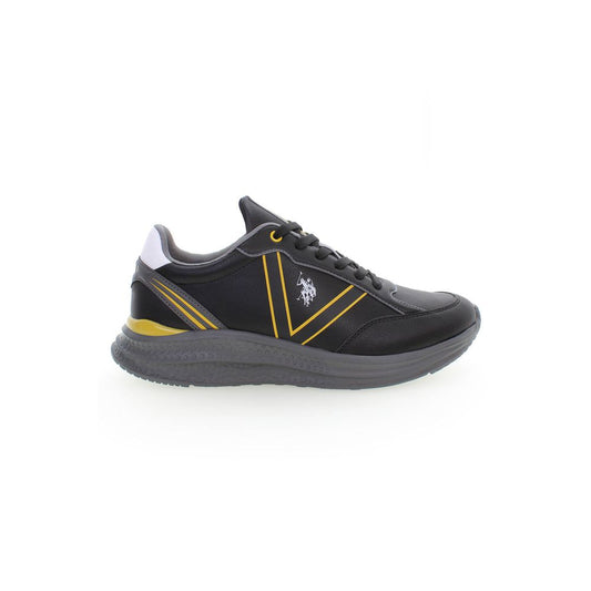 U.S. POLO ASSN. Black Polyester Sneaker, sports shoe with laces, contrasting details, logo on side view.