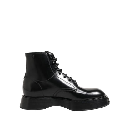 Dolce & Gabbana Black Leather Logo Ankle Boots Lace Up Shoes