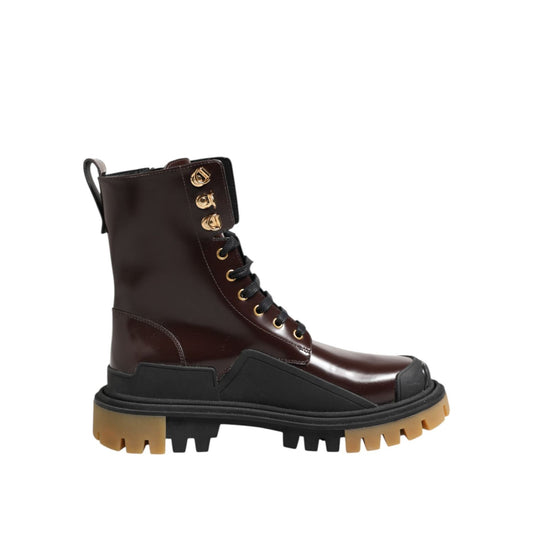 Dolce & Gabbana Brown Black Leather Boots Zipper Lace Up Shoes