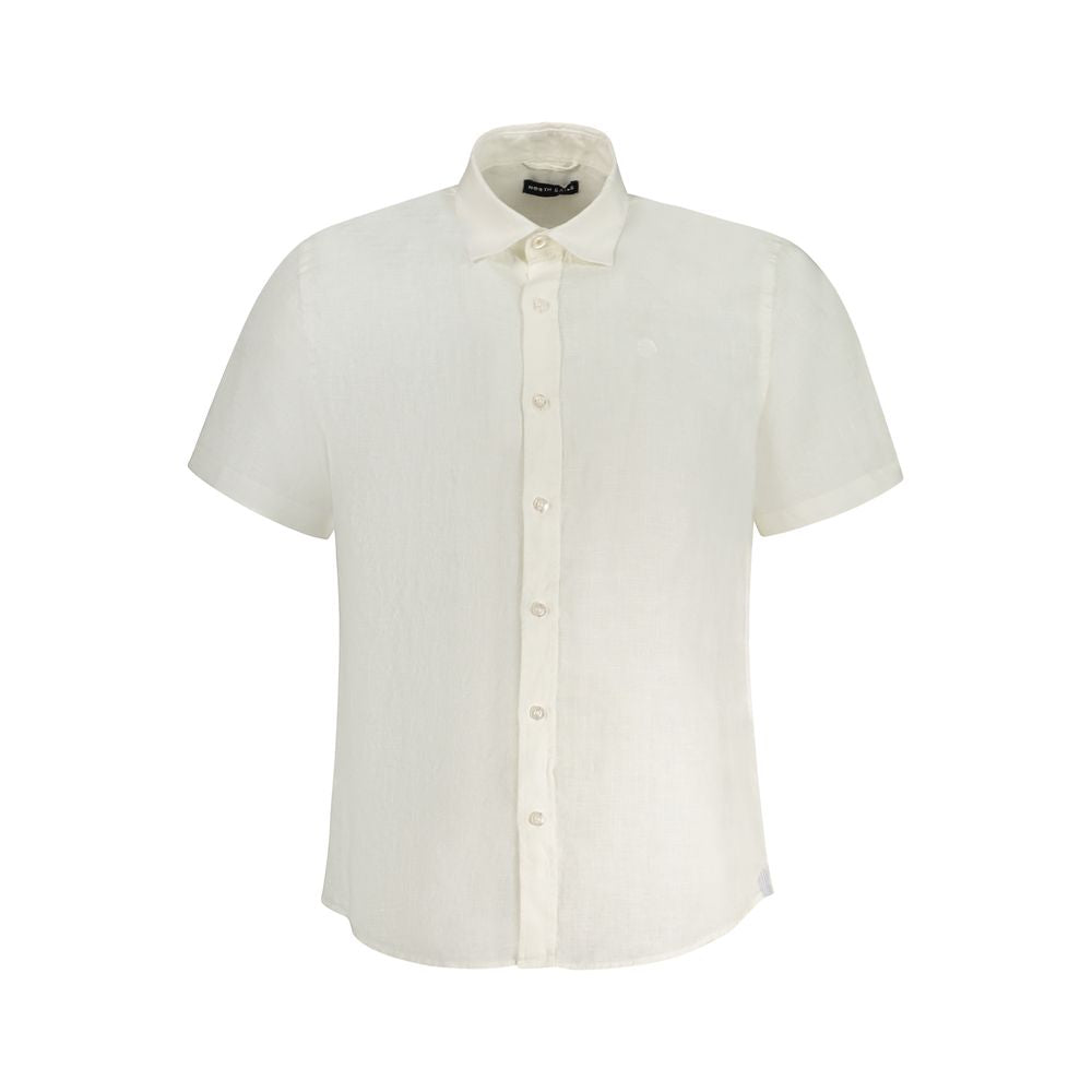North Sails White Linen Shirt with short sleeves, Italian collar, buttons, logo embroidery, Ocean Positive design.