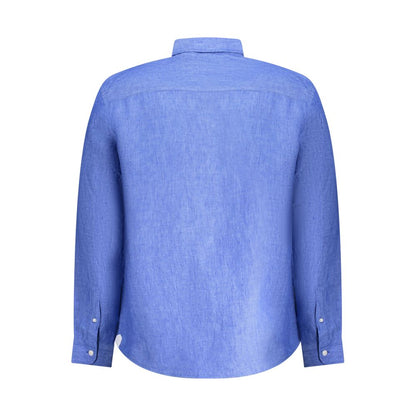 Back view of North Sails Blue Linen Shirt featuring long sleeves, Italian collar, button cuffs, and logo embroidery.