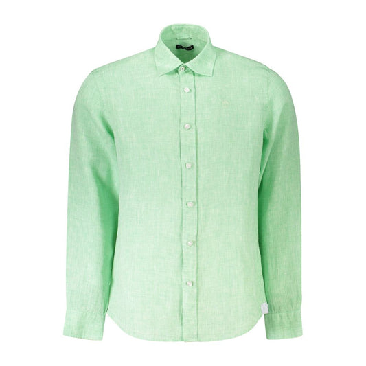 North Sails Green Linen Shirt with long sleeves, Italian collar, button cuffs, featuring embroidery and logo, Ocean Positive.