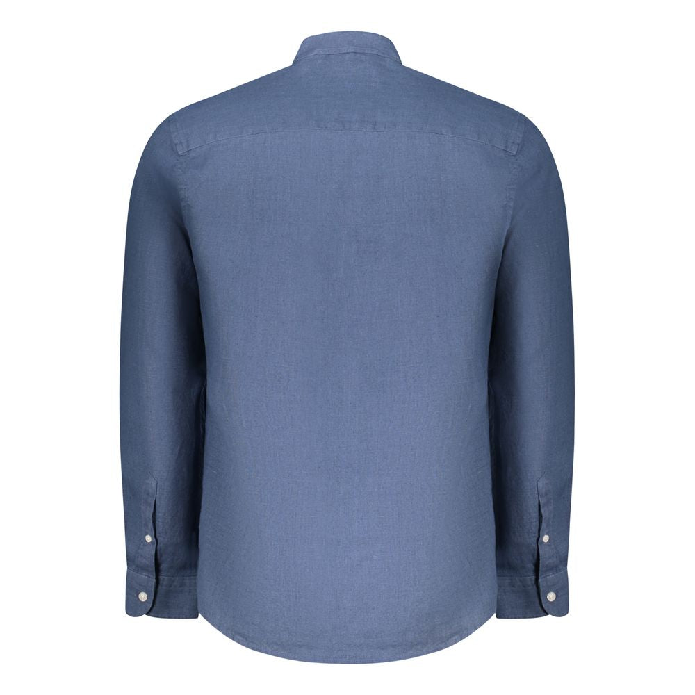 Back view of North Sails Blue Linen Shirt with long sleeves and Korean collar, featuring 1-button cuffs and logo embroidery.