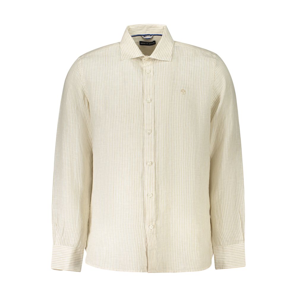 North Sails Beige Linen Shirt with long sleeves, French collar, embroidery, and 1 button cuffs, ocean positive design.