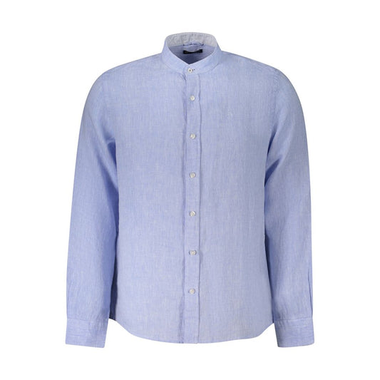 North Sails Blue Linen Shirt with long sleeves and Korean collar, featuring embroidery and logo, ocean positive design.