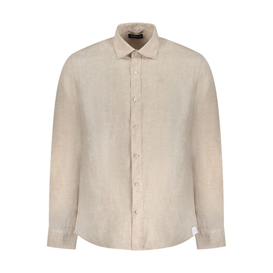 North Sails Beige Linen Shirt with long sleeves, Italian collar, 1 button cuffs, and embroidered logo, ocean positive design.