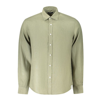North Sails Green Linen Shirt with long sleeves, Italian collar, one button cuffs, featuring embroidery and logo, Ocean Positive.