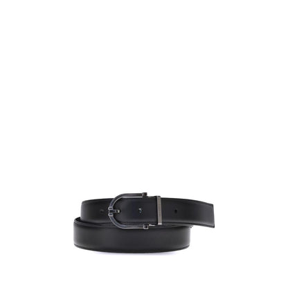 Ferragamo Black Calf Leather Bos Taurus Belt with geometric buckle and reversible design