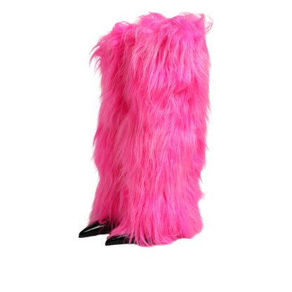 Dolce & Gabbana Pink Faux Fur Leather High Heels Boots Shoes