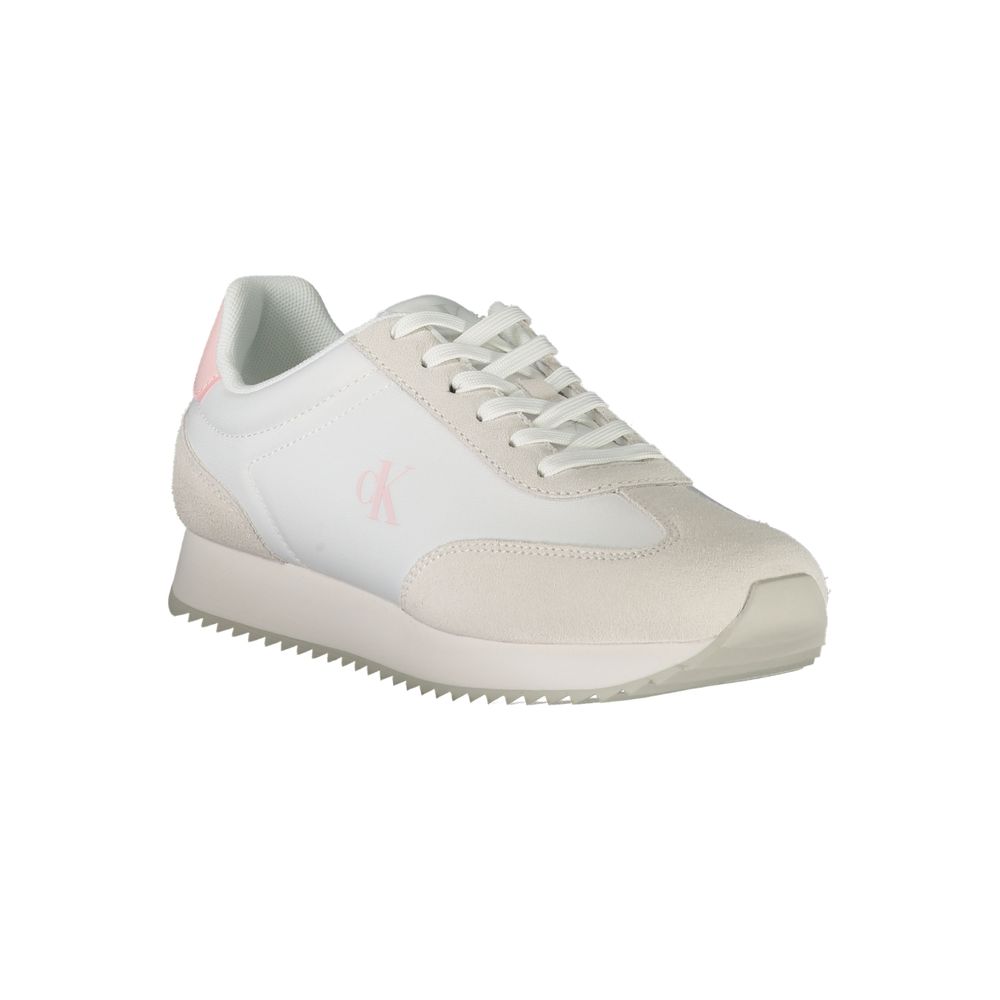 Calvin Klein White Leather Women Sneaker with pink accents and iconic logo, featuring a lace-up design for stylish athletic comfort.