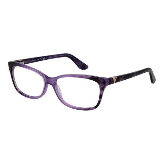 Guess Purple Women Glasses Frame, acetate full-rim with demo lenses, rectangle style, 56-14-140 size with spring hinge and branded case.