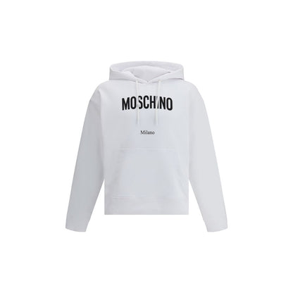Moschino White Cotton Sweatshirt with printed monogram and pouch pocket, featuring adjustable drawstring hood.