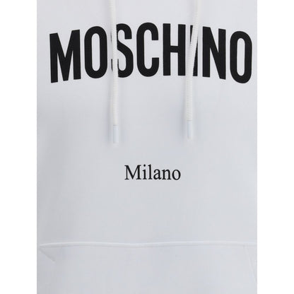 Close-up of Moschino White Cotton Sweatshirt with logo and drawstring hood.
