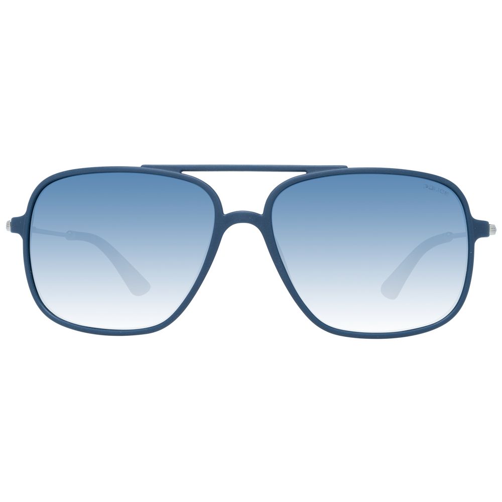 Police Blue Plastic Sunglasses with polarized mirrored lenses, full-rim blue frame, 100% UVA/UVB protection, rectangle style.