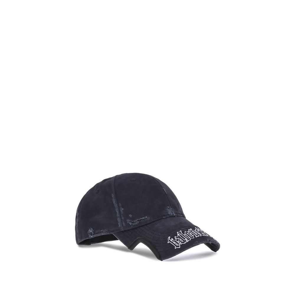 Balenciaga Black Cotton Cap (Baseball Hat) with Blackletter Script motif, cut-out visor, and adjustable closure for bold style.