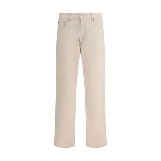 7FOR Beige Cotton Straight-Leg Jeans by 7 For All Mankind, featuring a regular fit with five pockets and front zip closure, ideal for everyday style.