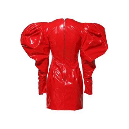 Dolce & Gabbana Red Patent Leather Puff Sleeves Mini Dress