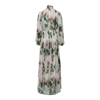 Dolce & Gabbana White Floral Roses Silk Maxi Long Gown Dress