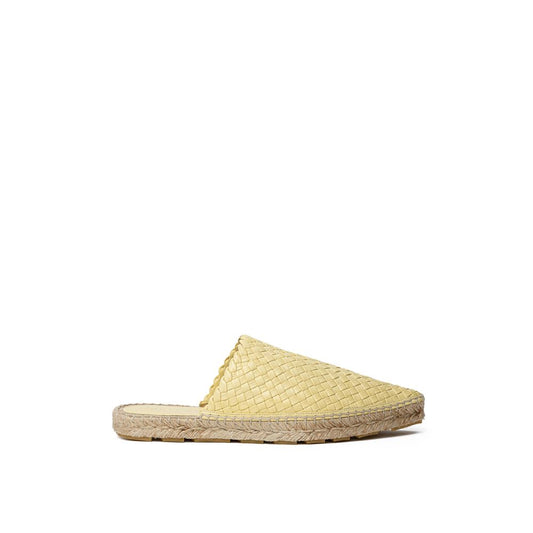 Bottega Veneta Yellow Leather Espadrille with woven rope sole, intreccio motif, pointed toe, open back design, and rubber details.
